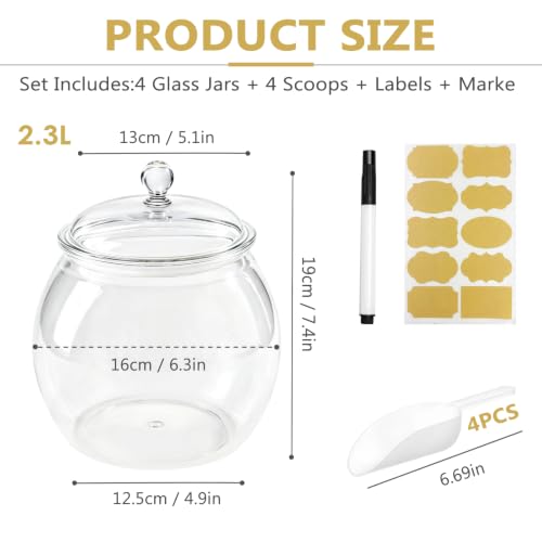 Four clear plastic candy jars with lids, 78oz capacity, FALUCKYY food jars and canisters for cookies and treats.