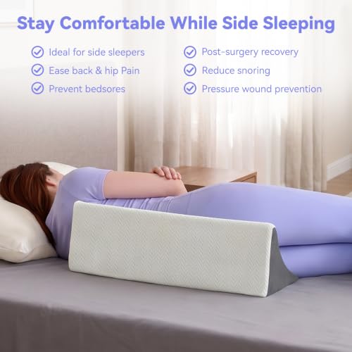 Vekkia wedge pillow for side sleeping with high-density foam, white and gray, providing back support and body positioning.