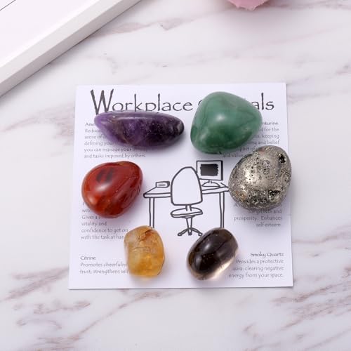 Workplace Crystals Set - 6PC Healing Protection Stones for Office Desk, Focus, Positive Energy, Stress Relief, Metaphysical Gifts for Friend Coworker Family, New Job Decor