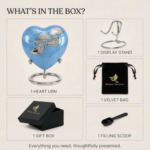 Baby Keepsake Urn for Ashes - Small Heart Memorial Urn for Baby Boy or Girl, Infant or Stillborn Baby - Holds a Small Portion of Ashes (3 Cu in) with Stand and Gift Box (Blue) Blue