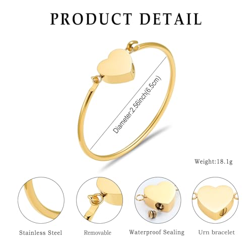 Heart Urn Bangle Bracelet for Ashes - Stainless Steel Cremation Jewelry for Ashes Engravable Memorial Keepsake Waterproof Ashes Holder Bracelet Unisex Sympathy Gift for Men & Women Gold
