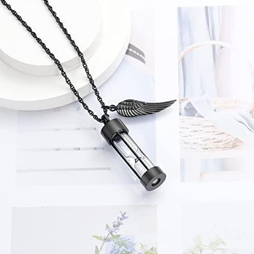 XSMZB Cremation Jewelry for Ashes Timeless Hourglass Cremation Memorial Pendant Stainless Steel Urn Necklace for Human Pet Ashes with Angel Wings Black