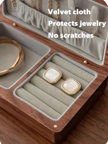 Small Wooden Jewelry Box, Vintage Delicate Walnut Wood Jewelry Case, Ideal Gift for Man Women, Protable Travel Jewelry Organizer (Gray, Small) Gray