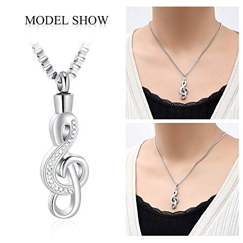 XSMZB Cremation Jewelry Crystal Music Note Urn Necklace for Ashes Stainless Steel Necklace Urn Cremation Memorial Ashes Holder Keepsake Pendant Locket Silver