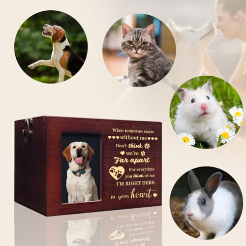 Pet Urns for Dog or Cat Ashes, Wooden Pet Cremation Urns with Photo Frame, Large Keepsake Memory Box Loss Pet Sympathy Remembrance Gift, 7.87" x 5.51" x 5.51" (Brown) Brown
