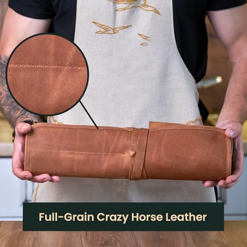 Caramel brown leather knife roll case for chefs, featuring multiple compartments for professional knife storage and protection.
