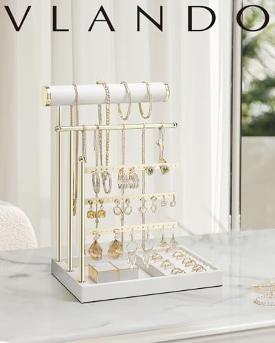 VLANDO Jewelry Stand Organizer with Ring Holder Tray, Necklace and Earring Storage for Bracelets, Watches and Rings, PU Leather Covered Wooden Tray with Gold Metal Frame - White