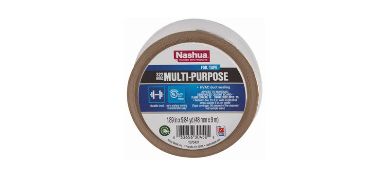 Nashua 322 HVAC Multipurpose Foil Tape, 3.2mil Thick, UV & Moisture Resistant, UL 723 Classified for HVAC Ducts, Insulation Seaming, Automotive Repairs - 48mm x 9m Standard