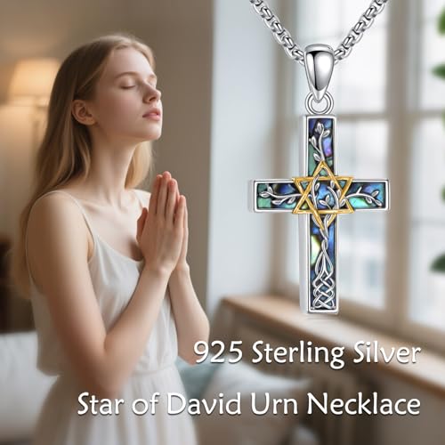 ONEFINITY Cross Urn Necklace for Ashes S925 Sterling Silver Star of David Urn Necklace Star of David Cremation Jewellery for Women Men