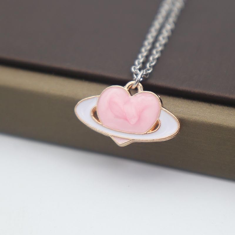 Cute Enamel Pink Heart Planet Necklace Pendant Dainty Silver Plated Chain Jewelry for Women Birthday Party Gifts, 18 inch, Medium, Base Metal, No Gemstone, Medium, Metal, No Gemstone