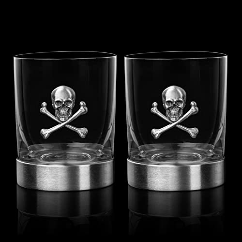Skull & Skeleton Crossbones Pewter Whiskey & Wine Drinking Glasses - 11oz Set of 2 - Water, Rum, Brandy & Scotch Glass, Elegant, Skeleton Crystal Cup, Gifts for Men & Women, Old Fashioned Glass Skull Pewter
