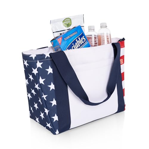 Picnic TIME Topanga Tote Cooler Bag, Versatile Insulated Cooler Bag with 24-Can Capacity, Soft Insulated Tote with Water-Resistant Interior Liner, Long Straps, and Exterior Pocket Stars and Stripes Topanga Cooler 2.0