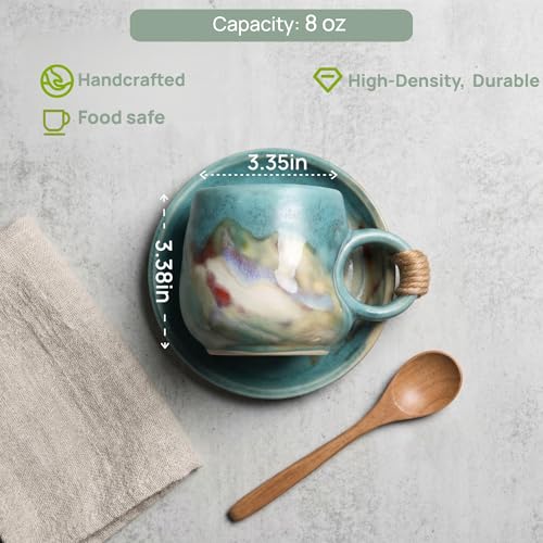 8oz Handmade Ceramic Tea Cup and Saucer set of 2, Small Artisanal Mug with saucer set , Lead-Free Latte Art Mug, Handcrafted Pottery tea mug with handle, Matching and Couple cups (White+Green set ) White+Green( 2 pcs set )