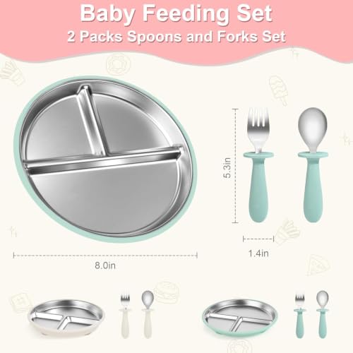 Bella's Friends Life Baby Feeding Set, 2 Pack Stainless Steel Divided Plate with Silicone Suction, 2 Set Spoons and Forks, BPA Free, Dishwasher Safe, Baby Led Weaning Supplies, Toddler Utensils beige, green 8 Inch