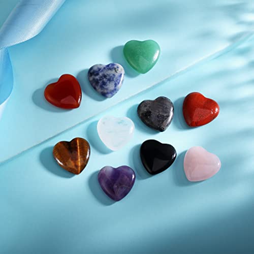 10PCS Heart Shape Crystals Healing Stone Set Bulk Natural Love Heart Amethyst Rose Quartz Carnelian Tiger Eye Obsidian Labradorite Palm Reiki Meditation Crystal Gifts for Women 0.8" Multicolor-10pcs