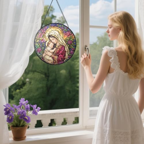 Stained Glass Window Hanging, Virgin Mary and Baby Jesus Suncatchers 6.3x6.3in