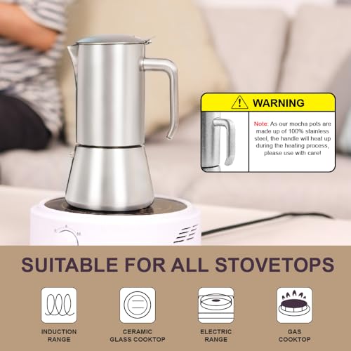 wedrink Stovetop Espresso Maker 4 Espresso Cups Stainless Steel Moka Pot for Greca, Induction, Electric & Gas Stoves(6.5 OZ/200ml) Silver