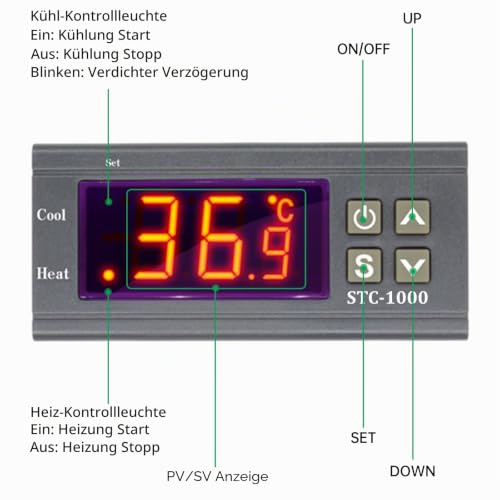 Aideepen Digital Temperature Controller, STC-1000 DC 12V 10A Thermostat Control Switch 2 Relay Output with NTC 10K Sensors for Heating and Cooling