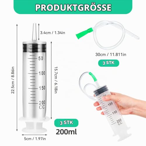 Pack of 3 Syringes 200 ml, Syringe with Hose 30 cm, Plastic Syringe, Reusable Large Syringe, Dosing Syringe for Industrial Use, Scientific Laboratory Experiments