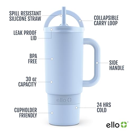 Ello Port 30oz Insulated Stainless Steel Tumbler with Straw, halogen blue 30 Ounces