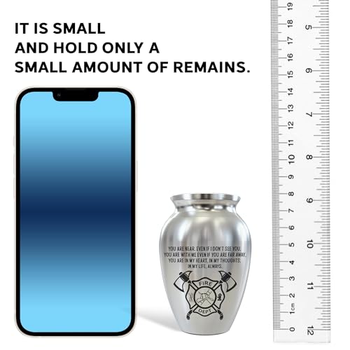 Fireman Mini Keepsake Urn, Stainless Steel Small Memorial Urn for Human Ashes, Engraved Firefighter Helmet & Axe Design, 2.56" Decorative Funeral Urn for Brave First Responders
