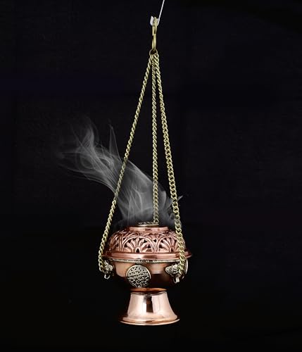 Indian Consigners Copper Altar Incense Charcoal Burner with Chain, Flower of Life Design, Hanging Incense Holder for Home, Altar & Spiritual Décor