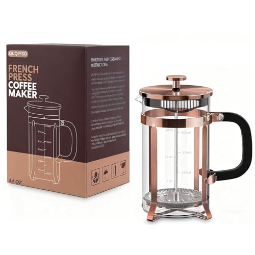 QUQIYSO French Press 34oz, Stainless Steel and Thickened Glass Coffee Maker Copper