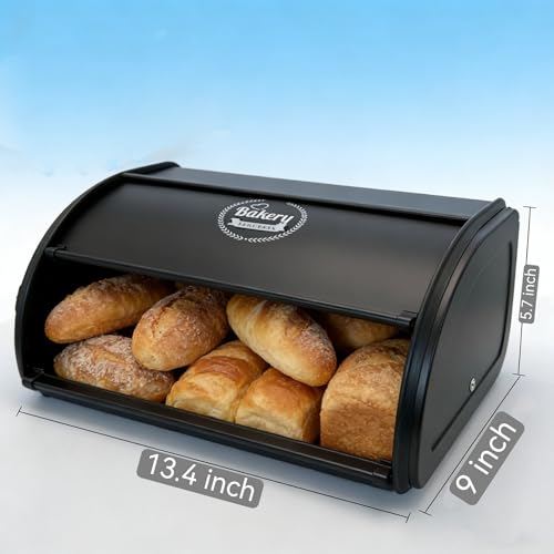 Vintage black stainless steel roll-top bread box by JunWondC, small farmhouse style for storing bread and baked goods.