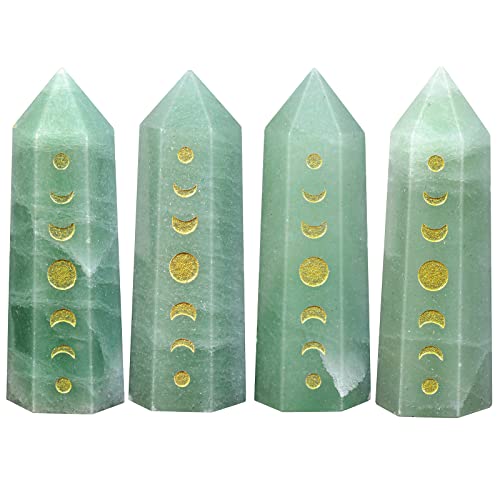Rockcloud Green Aventurine Moon Phase Engraved Healing Crystal Point