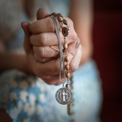 St Benedict Necklace Saint Benedict Medal Bless Safety Religion Pendant Gift for Men, Women, Family, Parent, Friend Ancient Silver