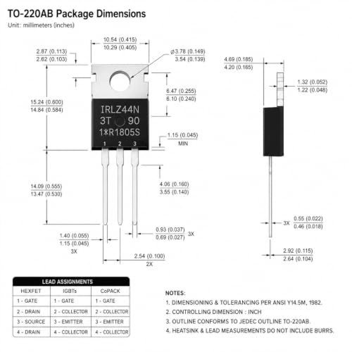 IRLZ44N N-Channel MOSFET 55V 47A TO-220AB Power MOSFET Logic Level for Switching and Control Electronics, IRLZ44NPBF Transistors, Pack of 10