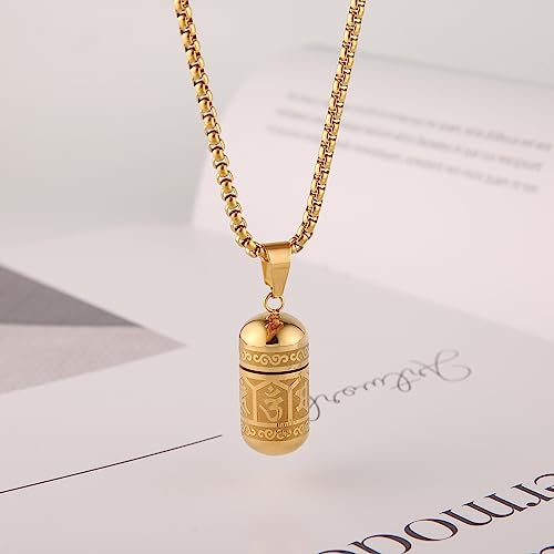 STWTR Tibetan Buddhist Meditation Stainless Steel Pendant Memorial Cremation Grey Pill Container Necklace for men and women with 23.6 "+1.9" necklace Gold