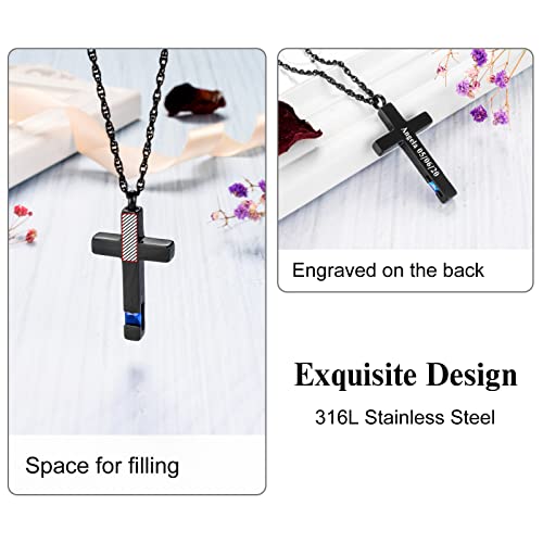 Dletay Cross Necklace for Ashes Stainless Steel Cremation Jewelry for Ashes Gem Blue Zircon Urn Necklace for Men Women Ash Holder Black1