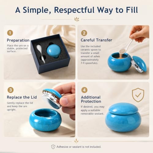 Small Urn for Human Ashes, Blue Ceramic Mini Keepsake with Spoon