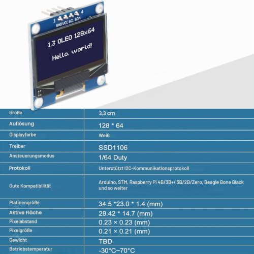 3 x 1.3 Inch OLED Display I2C 128 x 64 Pixel I2C Screen Display Module, OLED Display Module for Arduino (White Sign) White