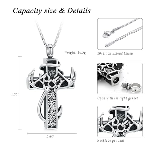 XSMZB Cross Cremation Jewelry Urn Necklace for Human Ashes Fish Hook Memorial Urn Pendant Deer Antler Cross Ashes Holder Keepsake Jewelry Silver-Black