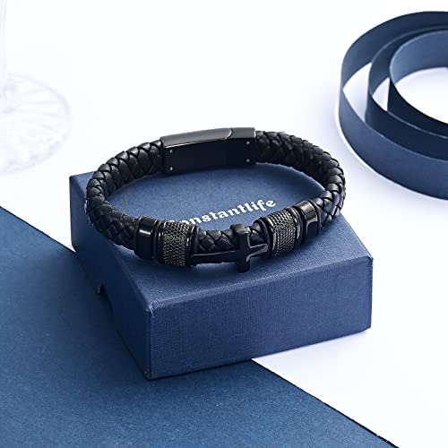 constantlife Cross Cremation Bracelet for Ashes Stainless Steel Urn Memorial Jewelry Braided Leather Wristband Bangle Faith Religious Christian Keepsake for Men Women Black 22cm