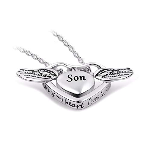 Double Heart Cremation Urn Necklace for Mom Grandma Dad Pet Ashes Angel Wing Memorial Keepsake Pendant Jewelry A Piece of My Heart Lives in Heaven Son