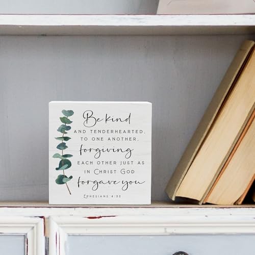 Bible Verse Wood Box Sign Rustic Motivational Bible Verse Ephesians 4 32 Wooden Sign for Home Office Living Room Church Bedroom bathroom Table Shelf Religious Gifts 5x5 -D17 White06