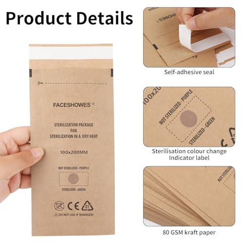 Pack of 100 Self-Sealing Sterilization Bags 100 x 200 mm / 3.9 x 7.9 inches for Dental Tools and Nail Tools, Disposable Cleaning Bags for Autoclaves and Sterilisers, for Oral Cavity Cosmetics Beauty 100 pieces 100x200mm