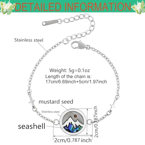 Faith Moves Mountains Mustard Seed Bracelet, Stainless Steel Adjustable Christian Jewelry Cross Design, Inspirational Gift for Men Womwen Christmas Advent Thanksgiving white - Shell Mountain