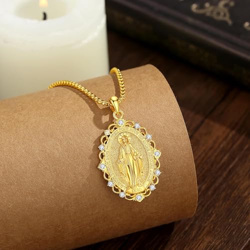 INFUSEU Mary Necklace Medal Miraculeuse Virgin Mary 18K Golden Pendant Protection Catholic Sacred Necklace Religious Jewellery Communion Christian Faith Gift for Women