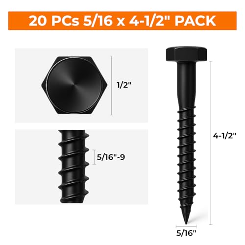 Party Animals 5/16 x 4-1/2-inch black Dacromet-coated stainless steel hex head lag screws, 20-pack