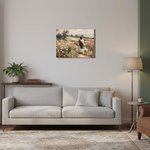 Jesus and Lamb Canvas Wall Art Christian Pictures Wall Decor God Catholic Painting The Lost Sheep Bible Stories Religious Spiritual Artwork for Church Bedroom Living Room Home Decor 12x16 in Framed Sheep and Jesus Wrapped Canvas 16"L x 12"W