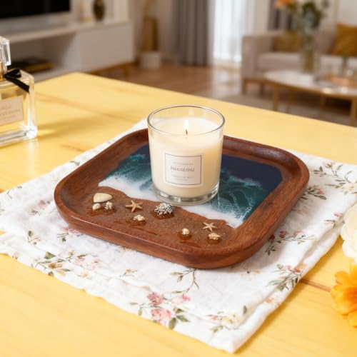 Handmade Seashell Resin Tray – 6x6 Inch Beach Decor Organizer with Real Sand, Starfish & Natural Wood Base – Coastal Nautical Jewelry Dish for Rings, Earrings, Keys