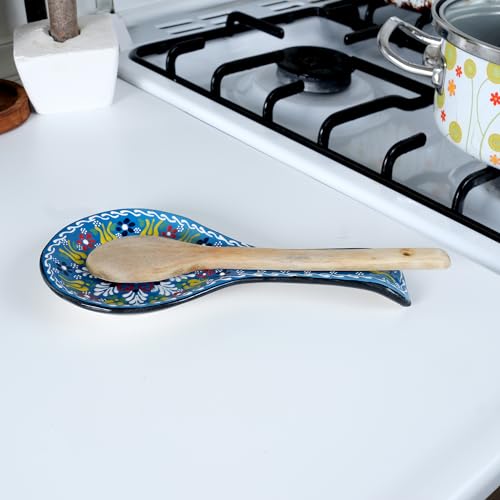 Ceramic Spoon Rest for Stove Top & Kitchen Counter, 9" Hand-Painted (2 PCS) Blue-Red (Set of 2)
