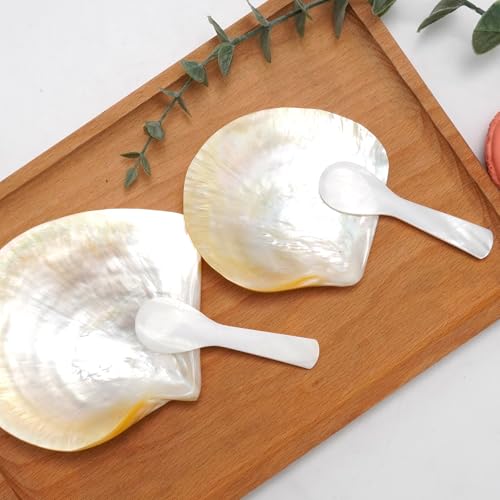 4 Pcs Natural Shell Plate Set, Includes 2 Gold Mother of Pearl Caviar Plates with 2 Pearl Spoons, Suitable for Storing Various Small Items or Holiday Gifts