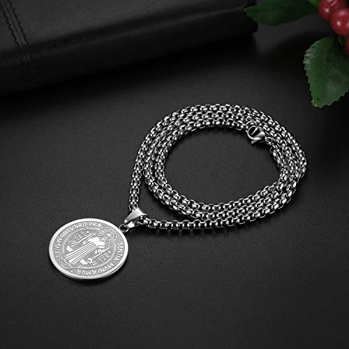 JewelryWe Mens Necklace,Saint Benedict Medal Pendant Celtic Cross Christian Jewelry Stainless Steel Necklace Silver
