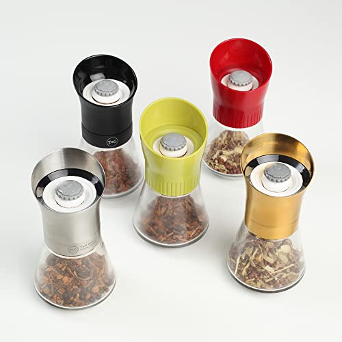 T&G CrushGrind Spice Mill with Stainless Steel Top & Glass Base, 12.5 cm, Whole Dried Herbs Spices Seeds Chilli Flakes/Fully Adjustable Ceramic Manual Grinder Single
