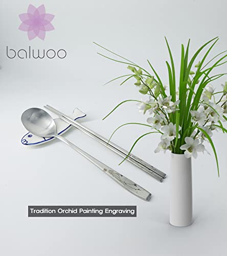 [2 Sets] [Made in Korea] Orchid Design Korean Style Sticky Rice Spoon Chopsticks Set 304 Stainless Steel Soup Spoon Ramen Chopsticks Flatware (2 Sets) 2